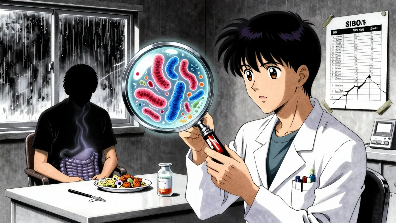 Doctor examining intestinal fluid under hologram while patient sits with diet