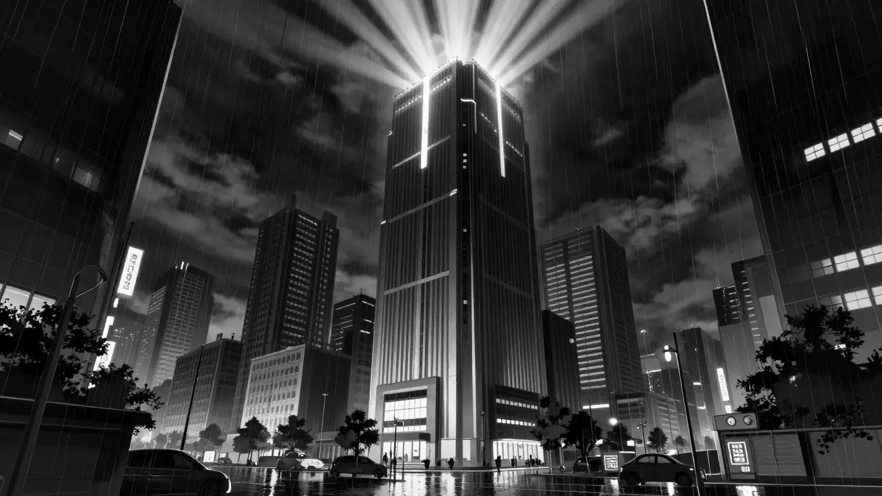 Dominating corporate tower casts shadow over small clinics in cyberpunk city street.