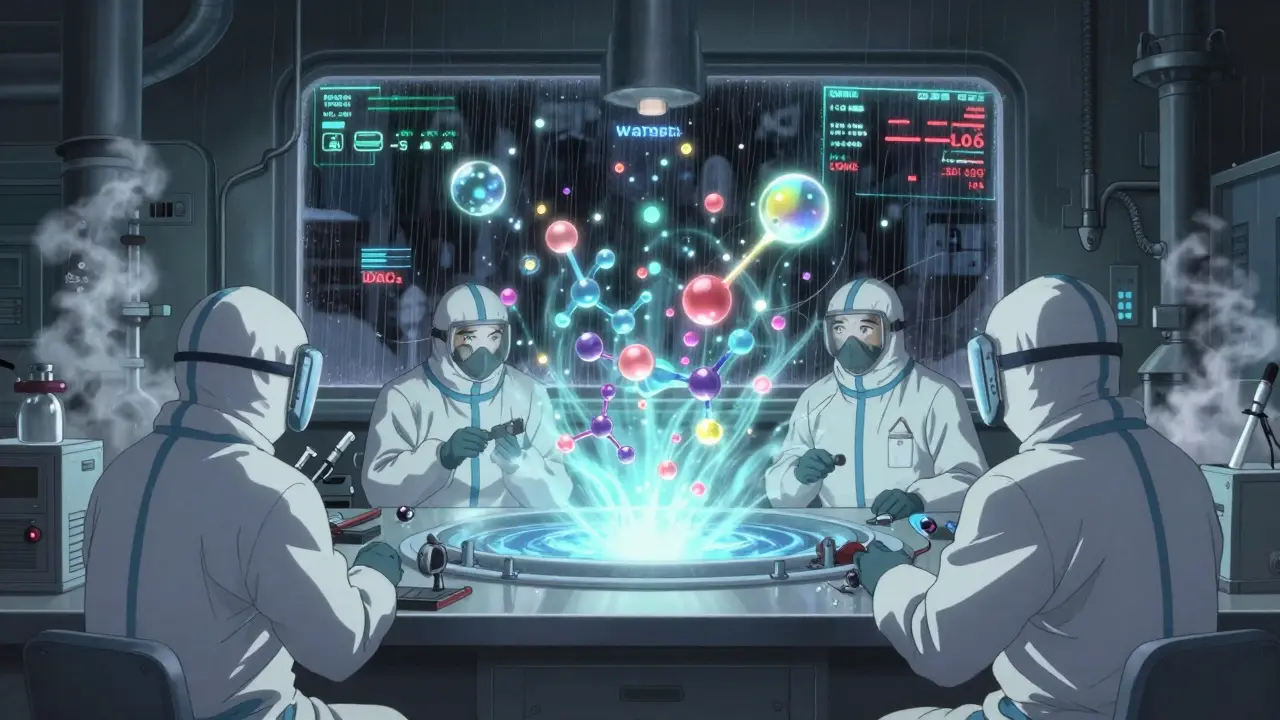 Futuristic lab with glowing molecular structures of anticoagulants and a new reversal agent under holographic displays.