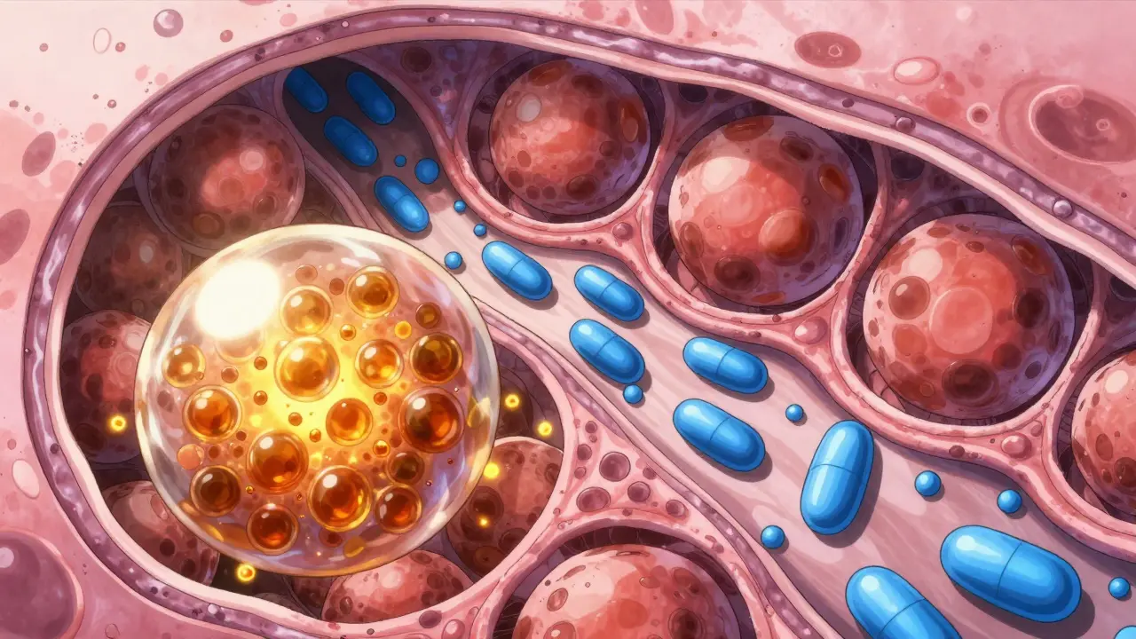 Glowing drug molecules move differently through fat cells versus water channels in tissue