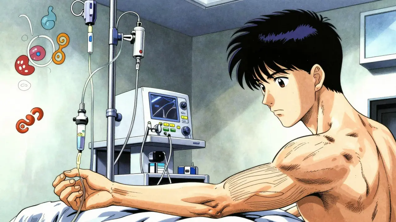 Patient receiving intravenous infusion therapy in a clinical medical setting.