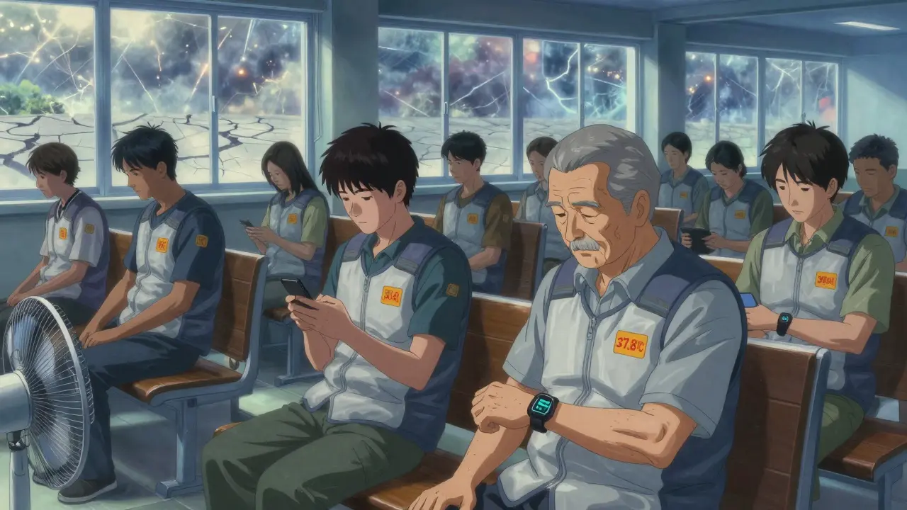 People in a cooling center wearing vests and monitoring devices, calm indoors while heat rages outside.