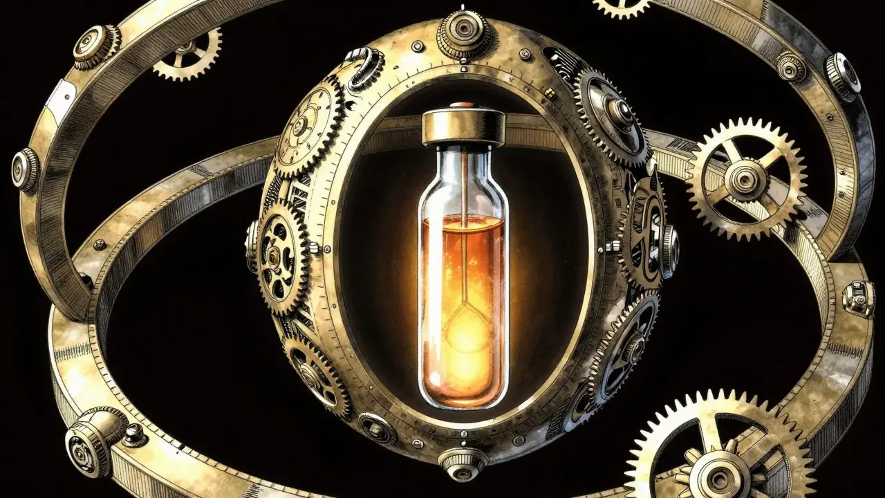 Single medicine vial protected by mechanical armor rings representing regulatory time limits.