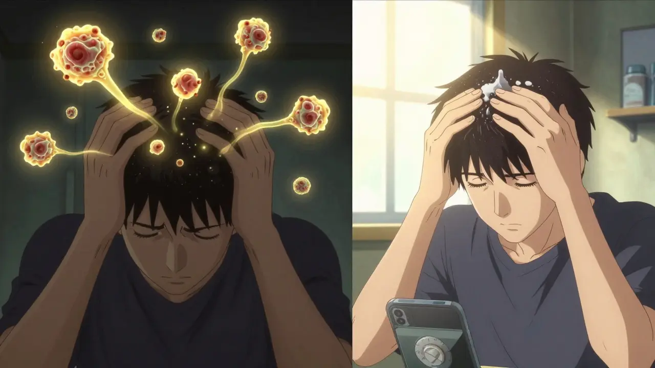 Split scene: stressed person with fungal yeast over scalp vs. calm person using shampoo with timer