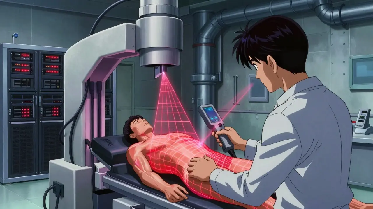 Technician uses a laser scanner to map body density in a medical lab setting
