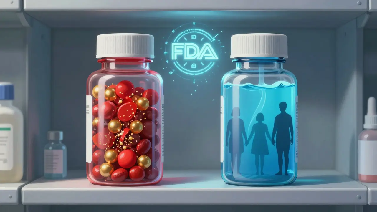 Two pill bottles with surreal landscapes showing drug variability across patient subgroups under a glowing FDA logo.