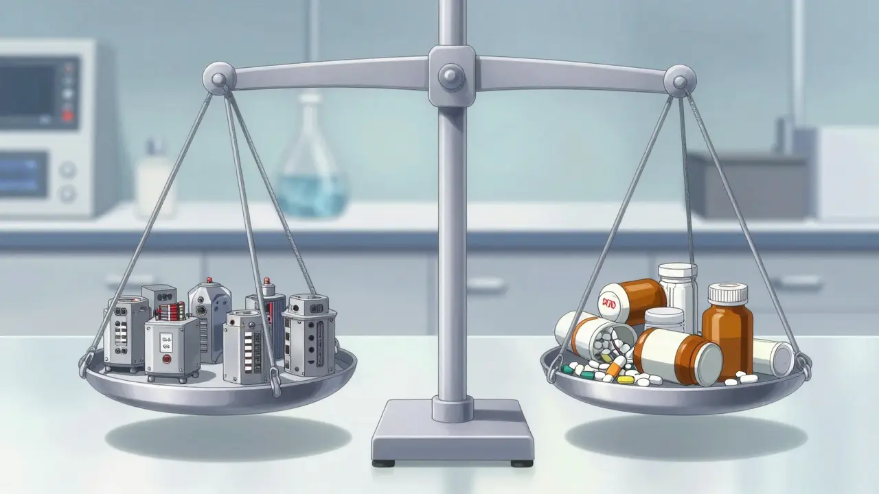A balanced scale with high-tech manufacturing modules in a sterile lab.