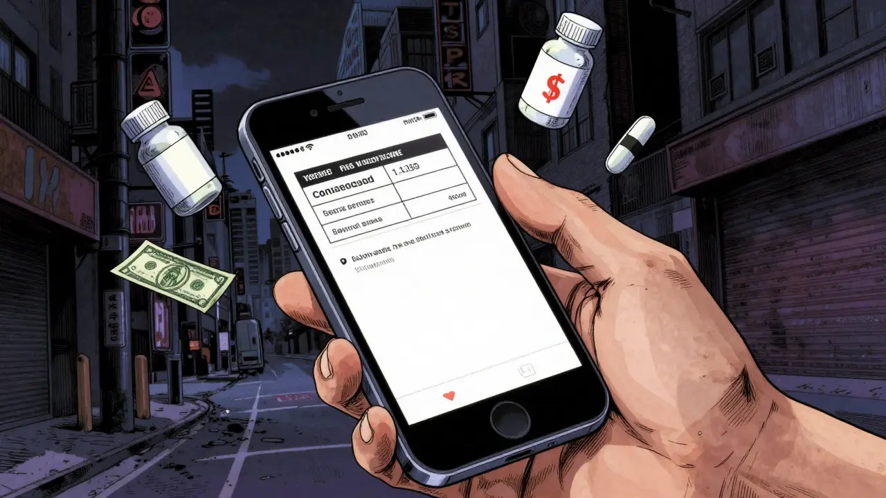 A close-up of a hand holding a phone with a medicine discount voucher.