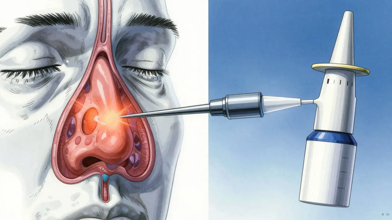A conceptual medical illustration showing nasal inflammation and the effect of a steroid spray.