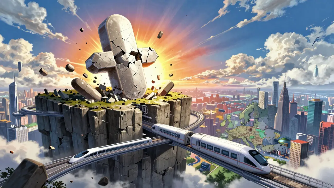 A giant crumbling concrete cliff overlooking a futuristic high-tech city