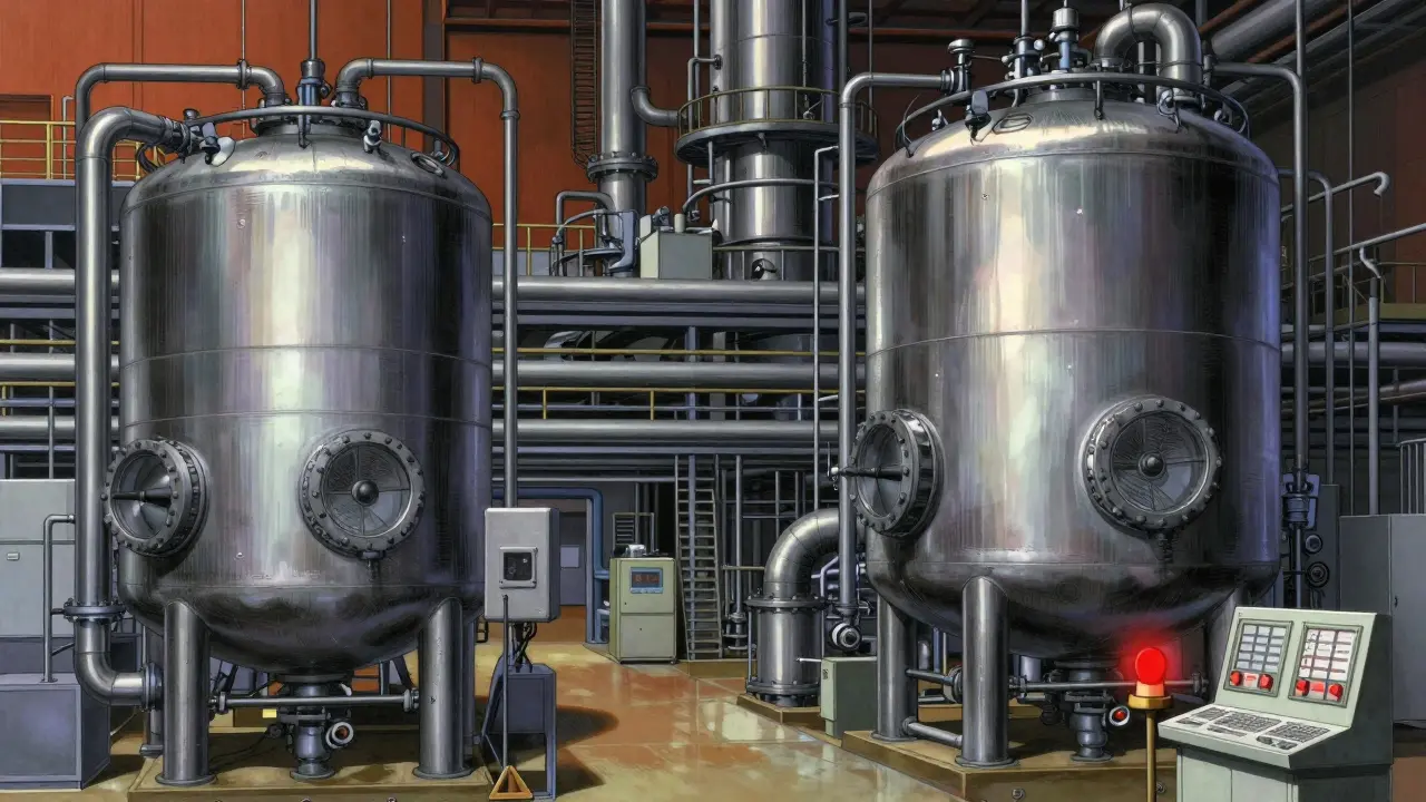 A massive industrial pharmaceutical plant with machinery and a red warning light.