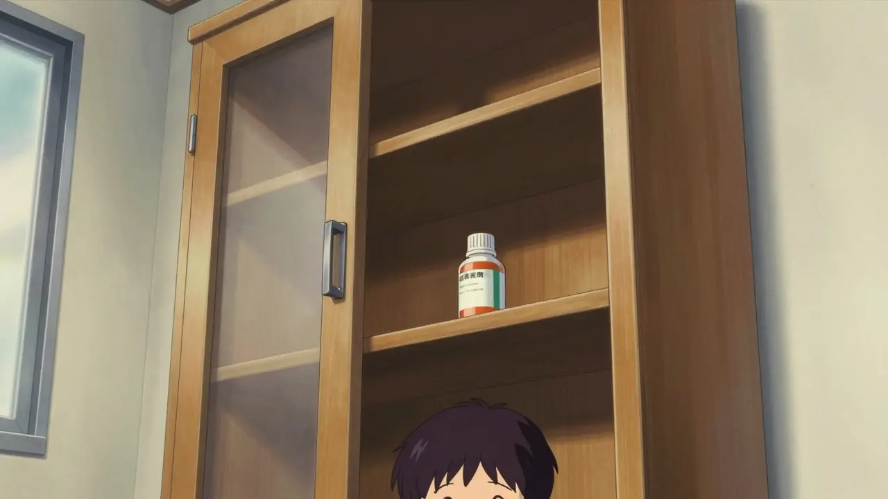 A medicine bottle stored safely on a high, locked cabinet shelf away from a child.