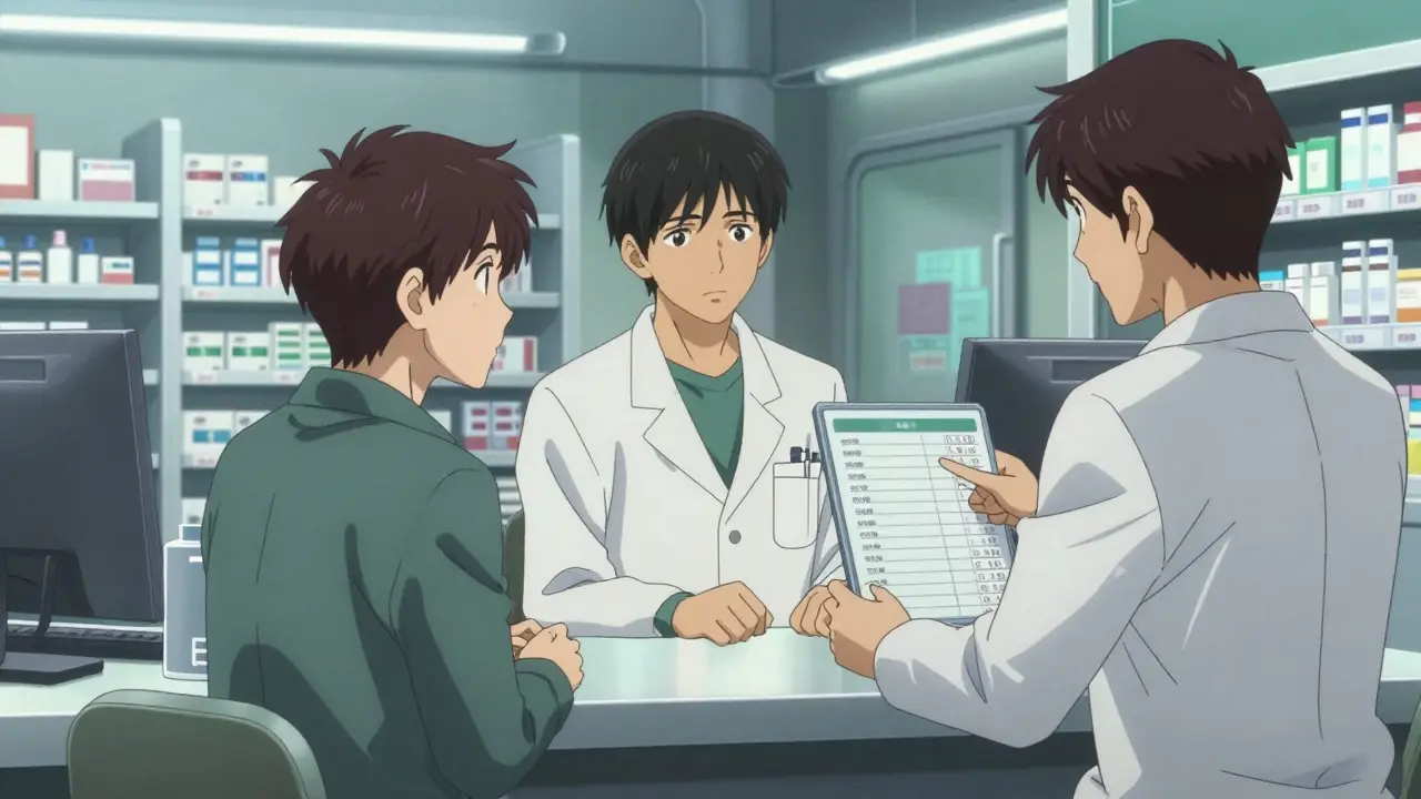 A patient and pharmacist discussing alcohol safety in a detailed anime setting.