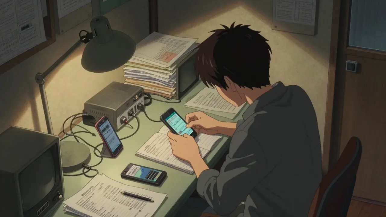 A person comparing prescription drug prices at a cluttered desk in manga style.