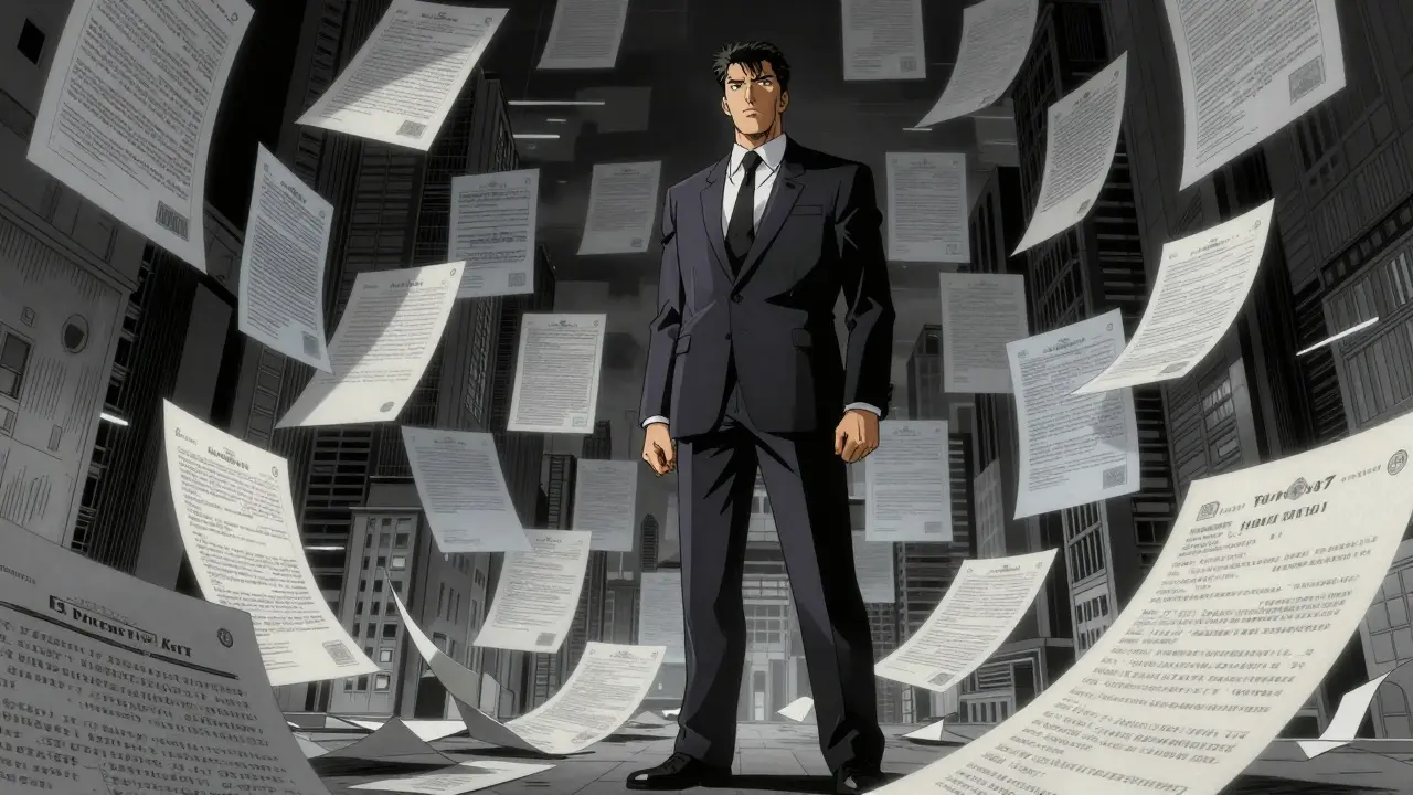 A person trapped in a labyrinth of floating legal documents and patents