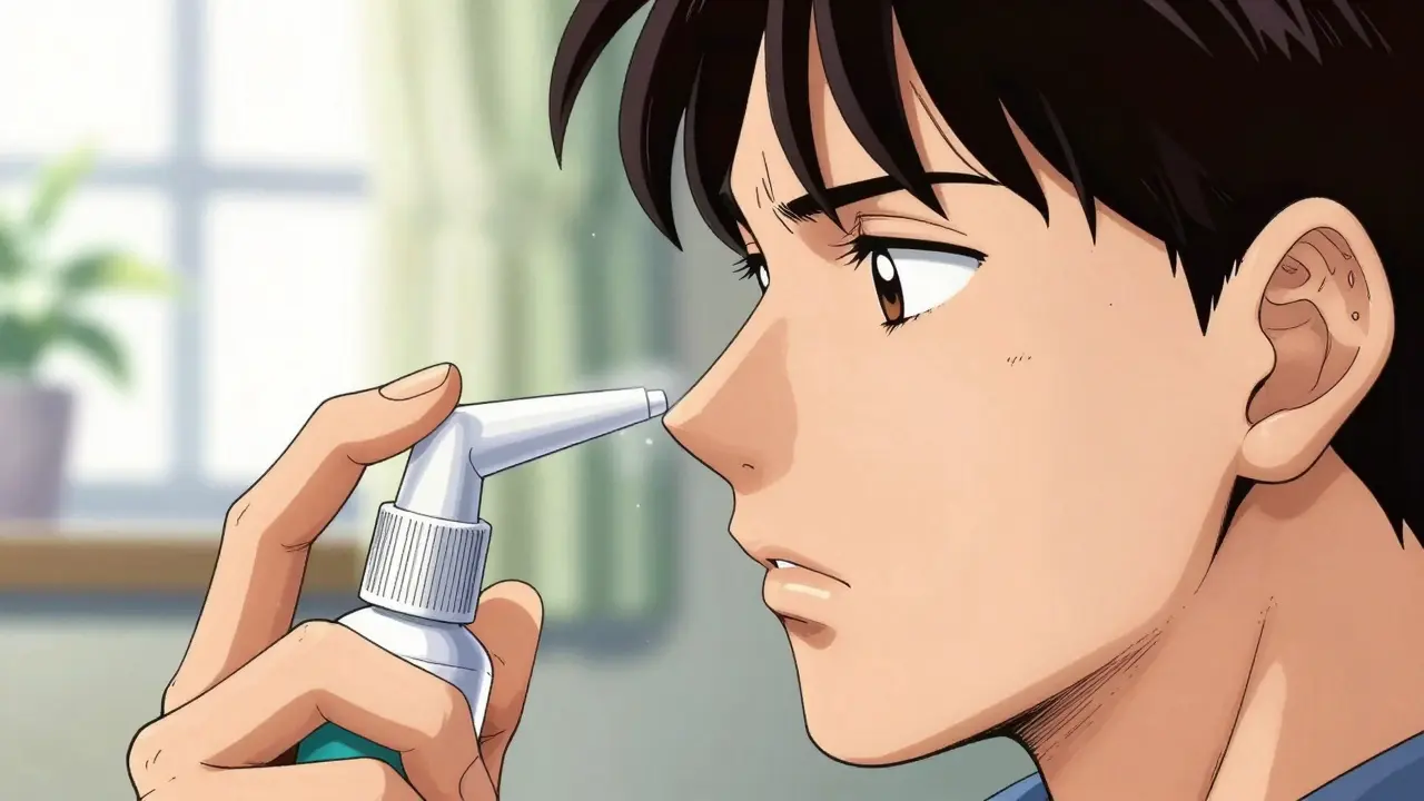 A profile view of a person using a nasal spray with the correct outward-pointing technique.