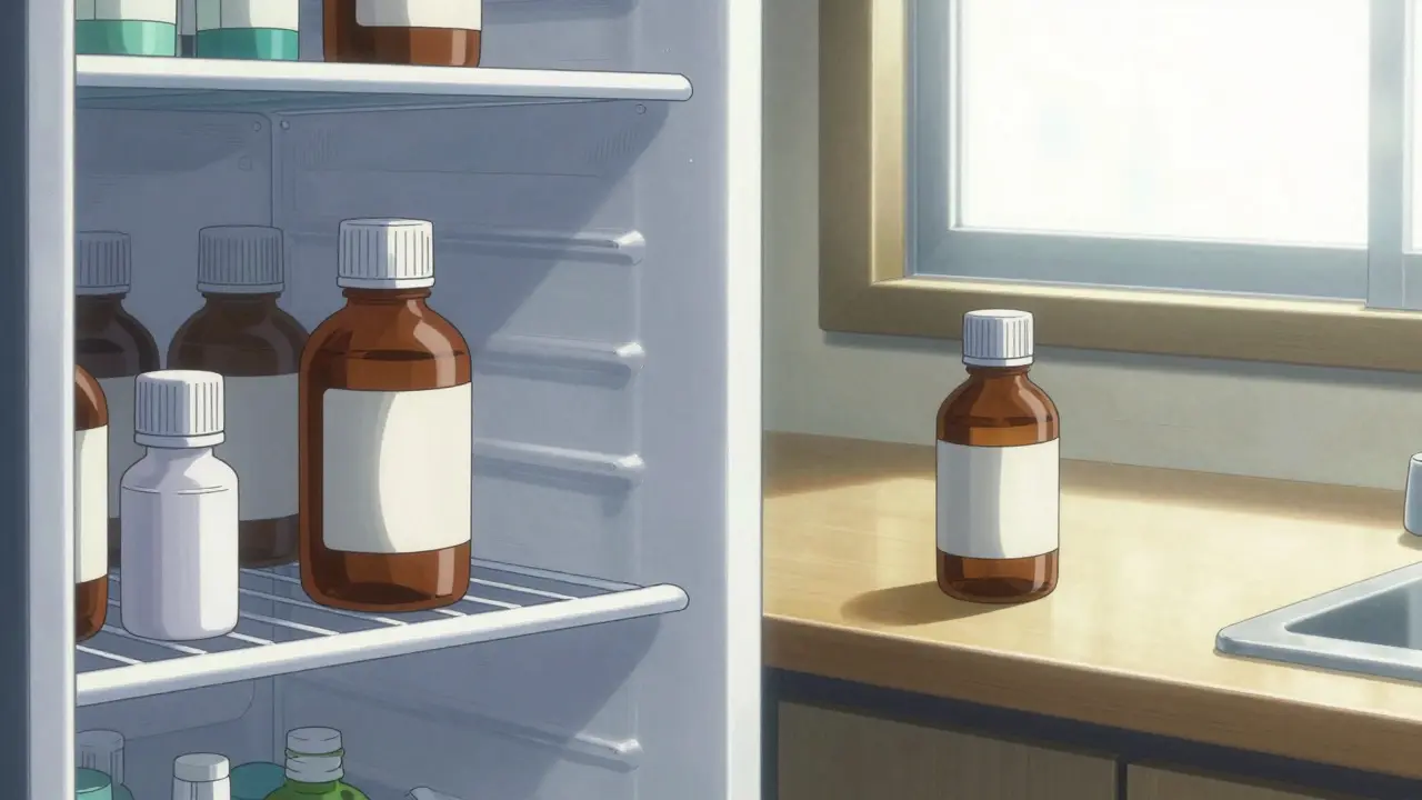 A split image showing a medicine bottle in a cold fridge versus one in warm sunlight.