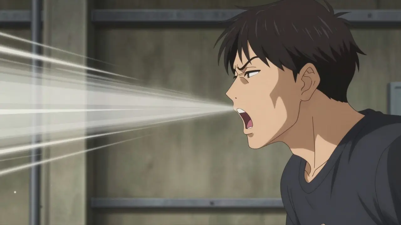 Anime illustration of a person performing a huff cough with stylized air currents flowing from their mouth.