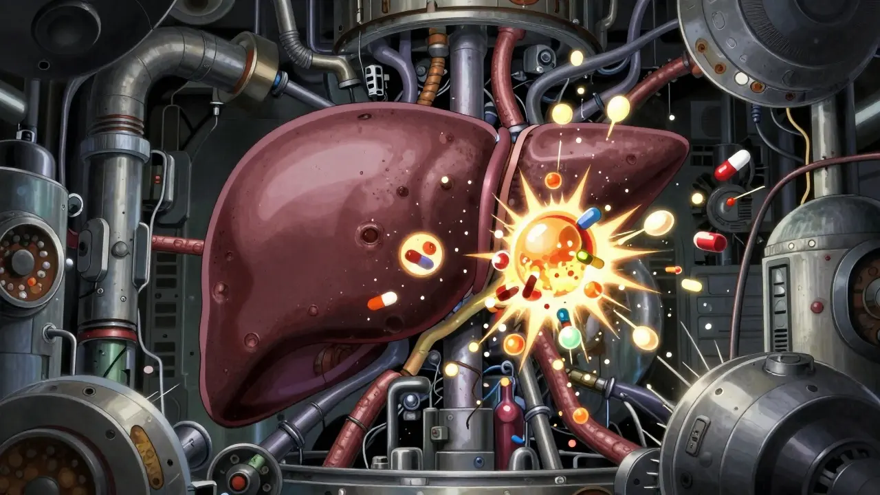 Conceptual anime depiction of ethanol and medication interacting within the liver.