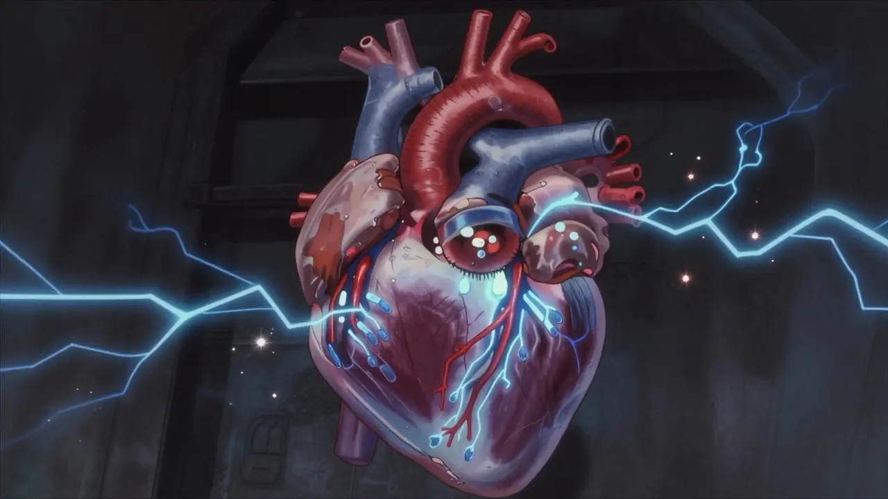 Conceptual view of a heart with electrical circuitry and blocked potassium channels