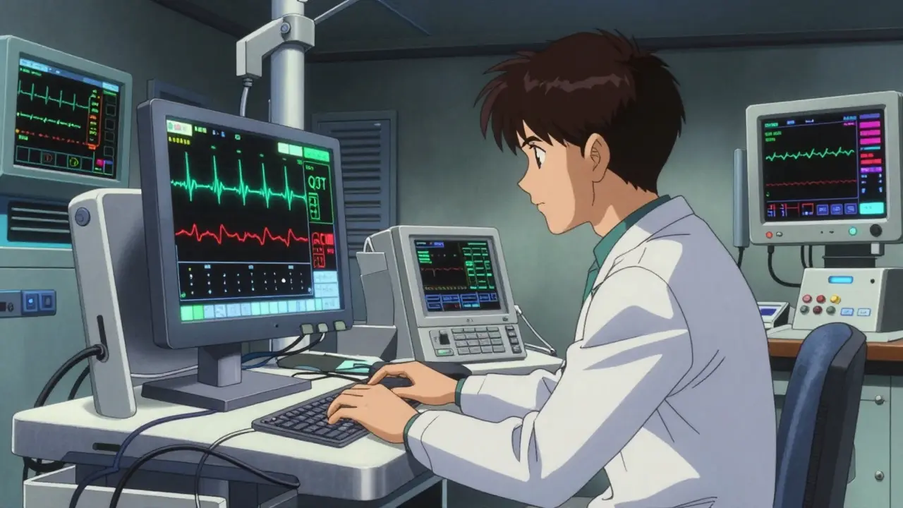 Doctor monitoring a patient's ECG rhythm on a high-tech medical screen