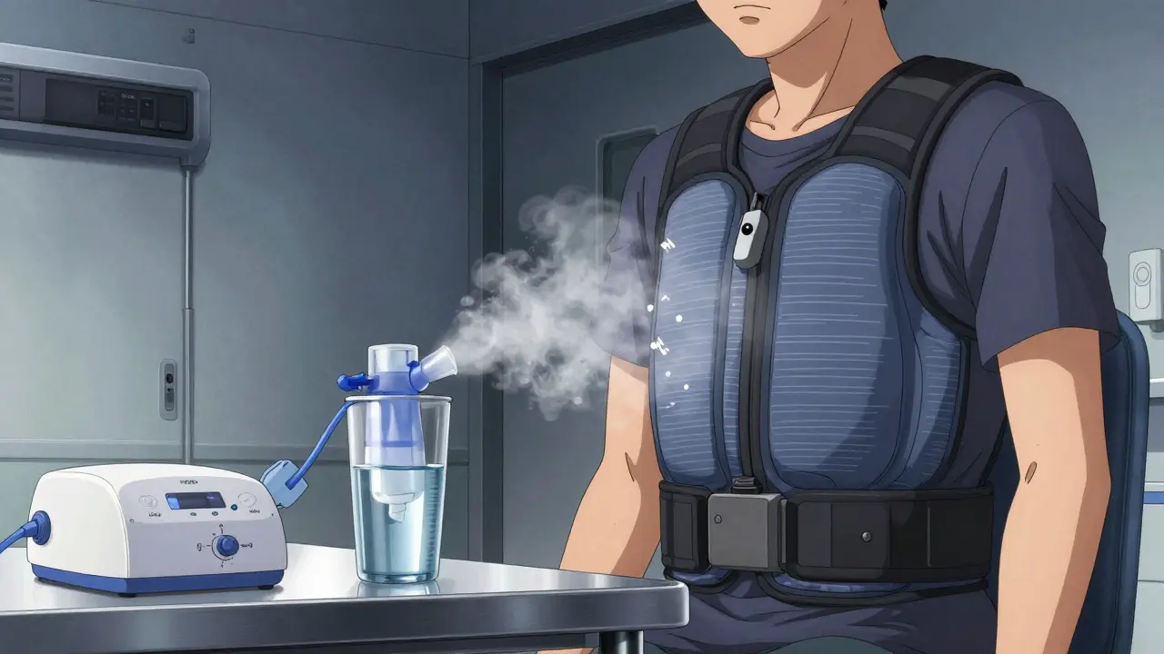 Manga style image of a person using an oscillating chest vest with a nebulizer and water nearby.