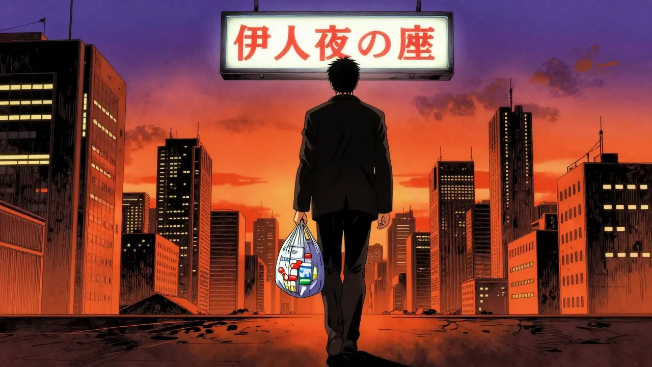 Person carrying a single bag of synced medications through a detailed futuristic city