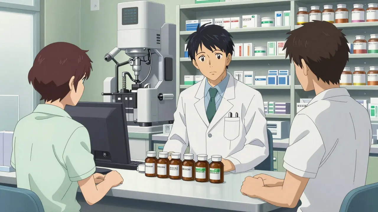 Pharmacist and patient organizing medications during a med sync consultation in a high-tech pharmacy