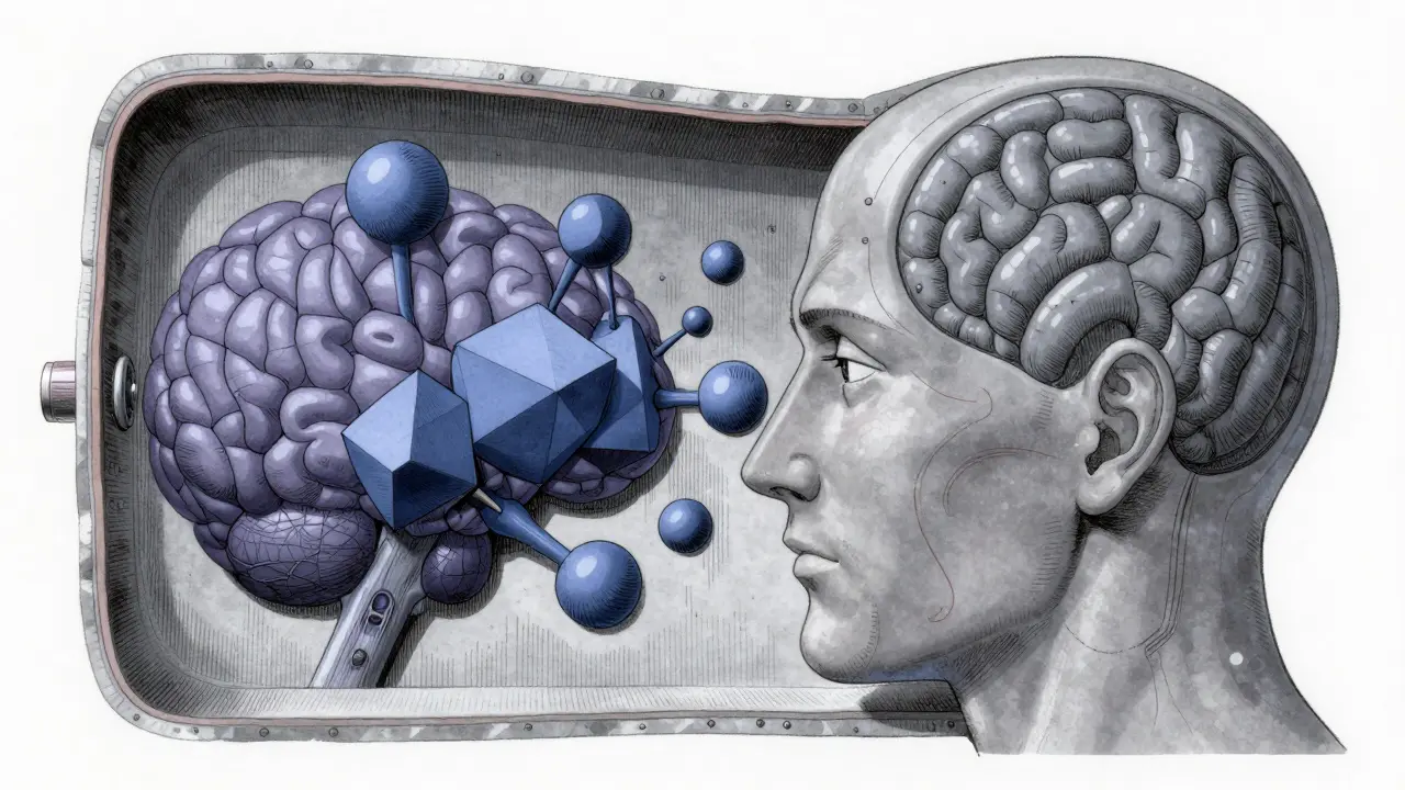 Scientific diagram showing large medicine molecules being blocked by the blood-brain barrier.