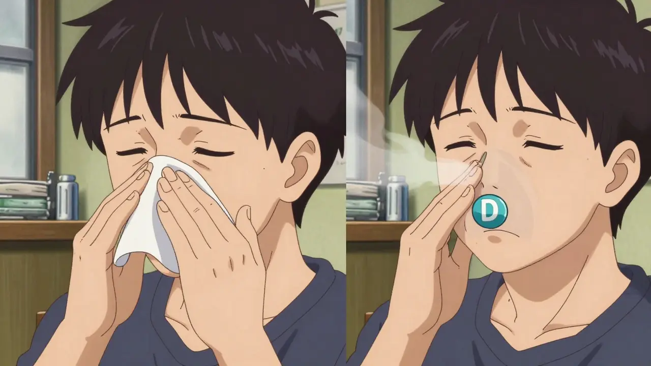 Split-screen showing the transition from a stuffed nose to clear breathing in an anime style.