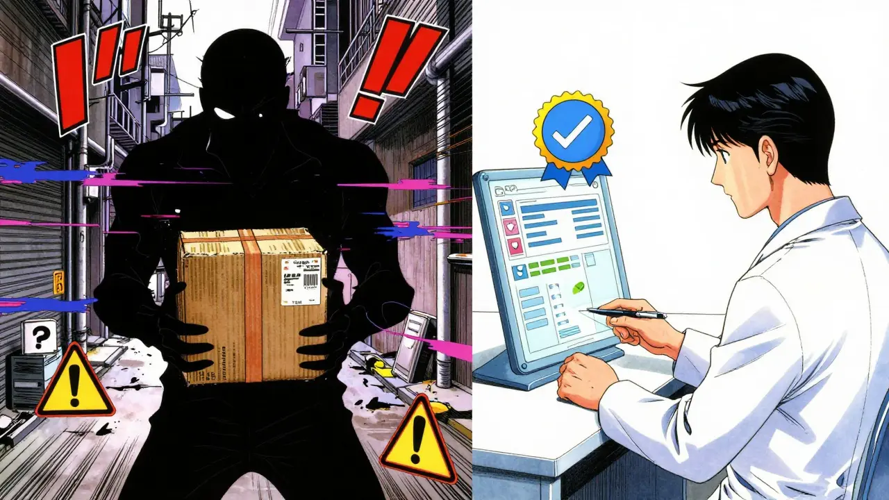 Contrast between shady counterfeit drugs and safe telehealth consultation