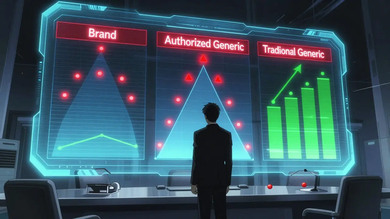 Corporate executive viewing holographic pricing strategy for drugs