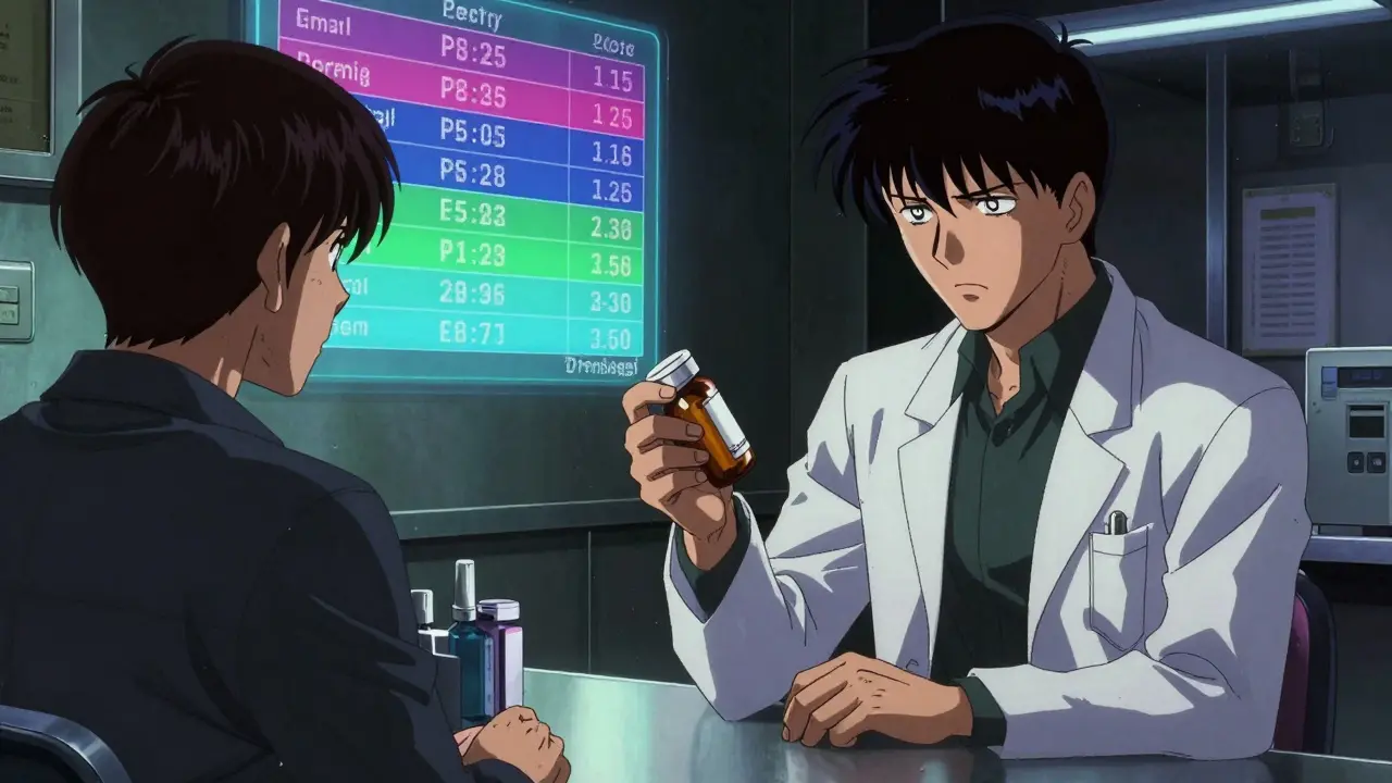 Cyberpunk anime scene of a pharmacist checking drug pricing and insurance tiers.