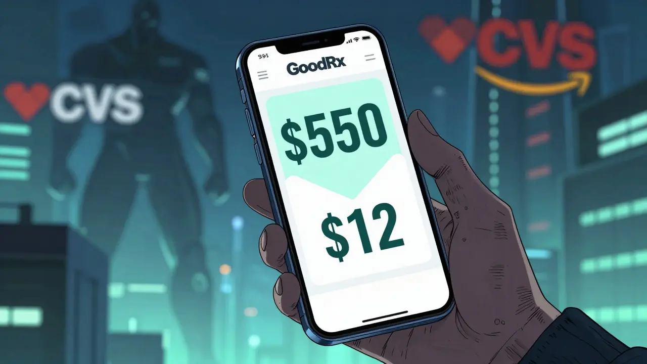 Cyberpunk illustration showing significant cost savings via pharmacy coupons on a phone.