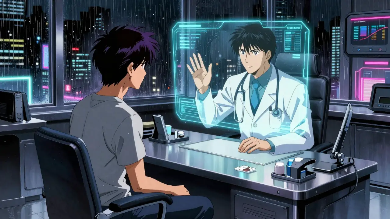 Cyberpunk manga style telemedicine consultation via hologram interface.
