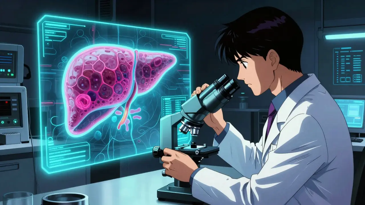 Cyberpunk style doctor examining holographic liver cell data