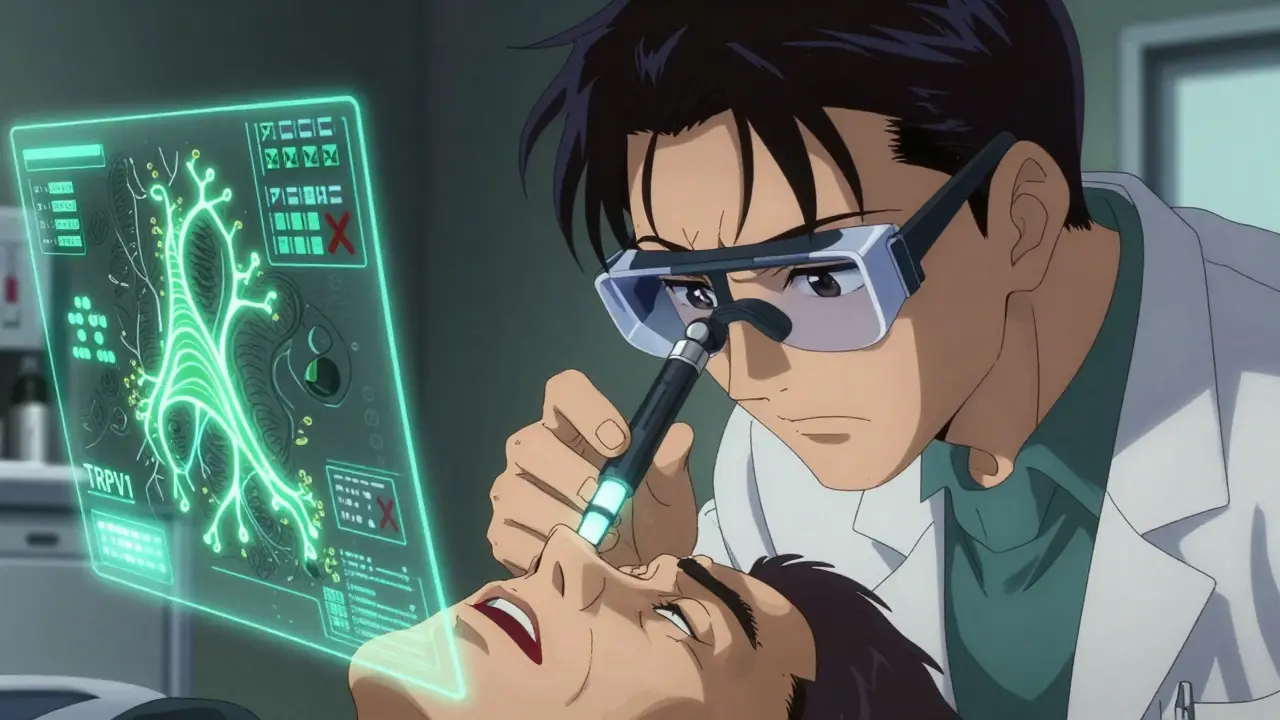 Doctor examining nasal passage with holographic diagnostics in manga style