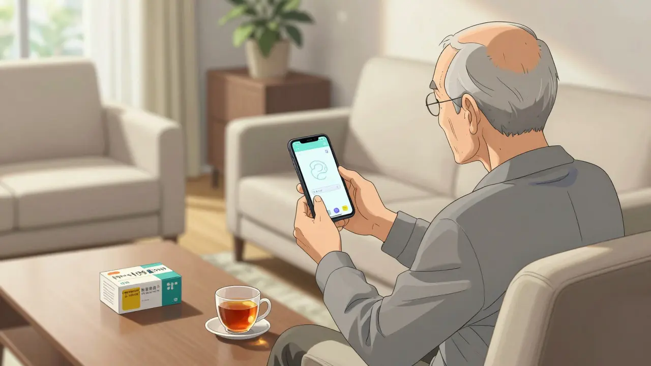 Elderly person managing prescriptions at home
