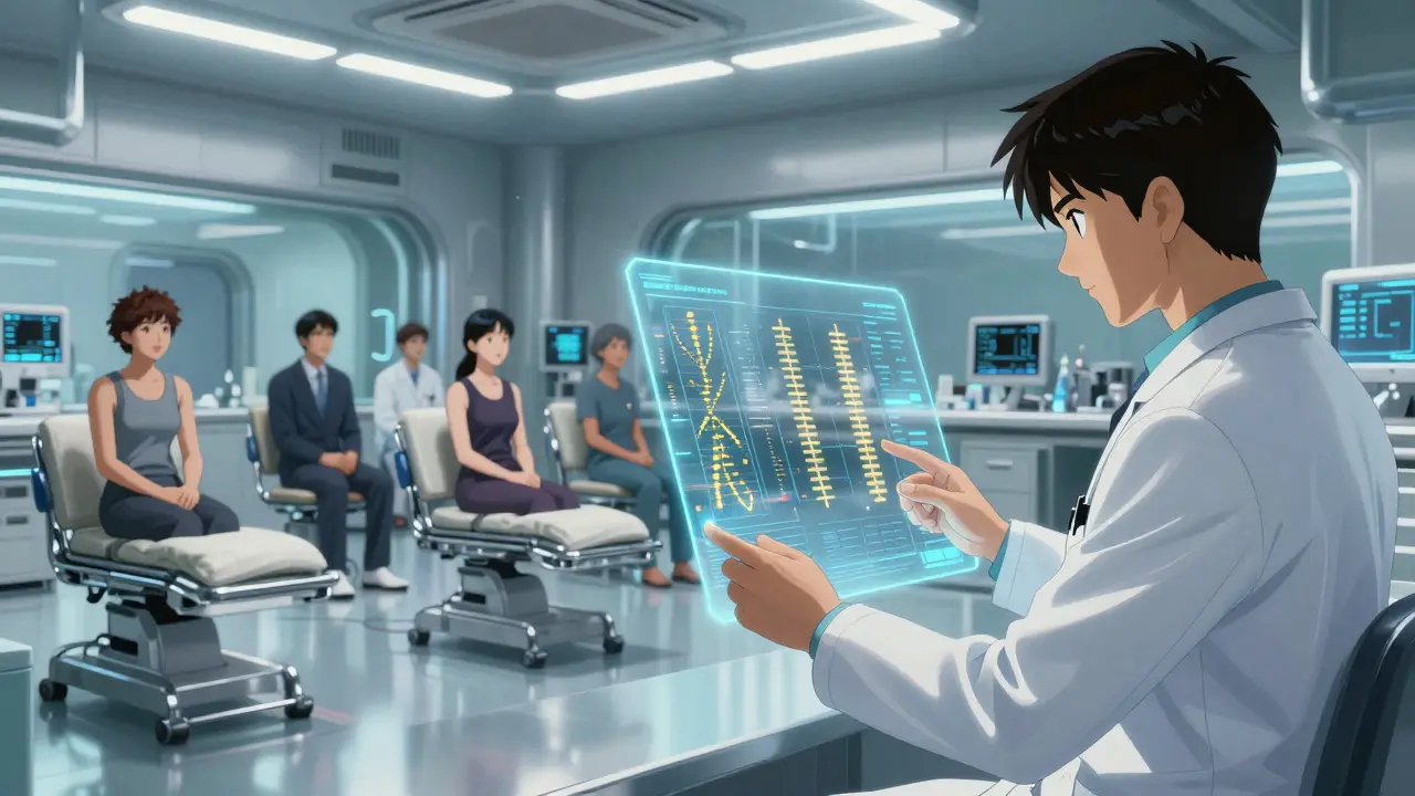 Futuristic clinic with doctor reviewing patient genome data