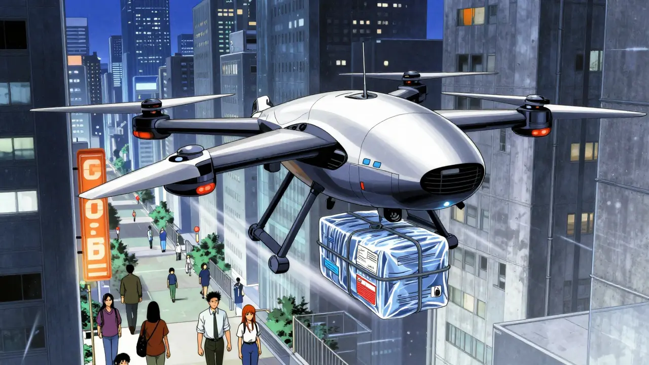 Futuristic drone delivering medicine over city