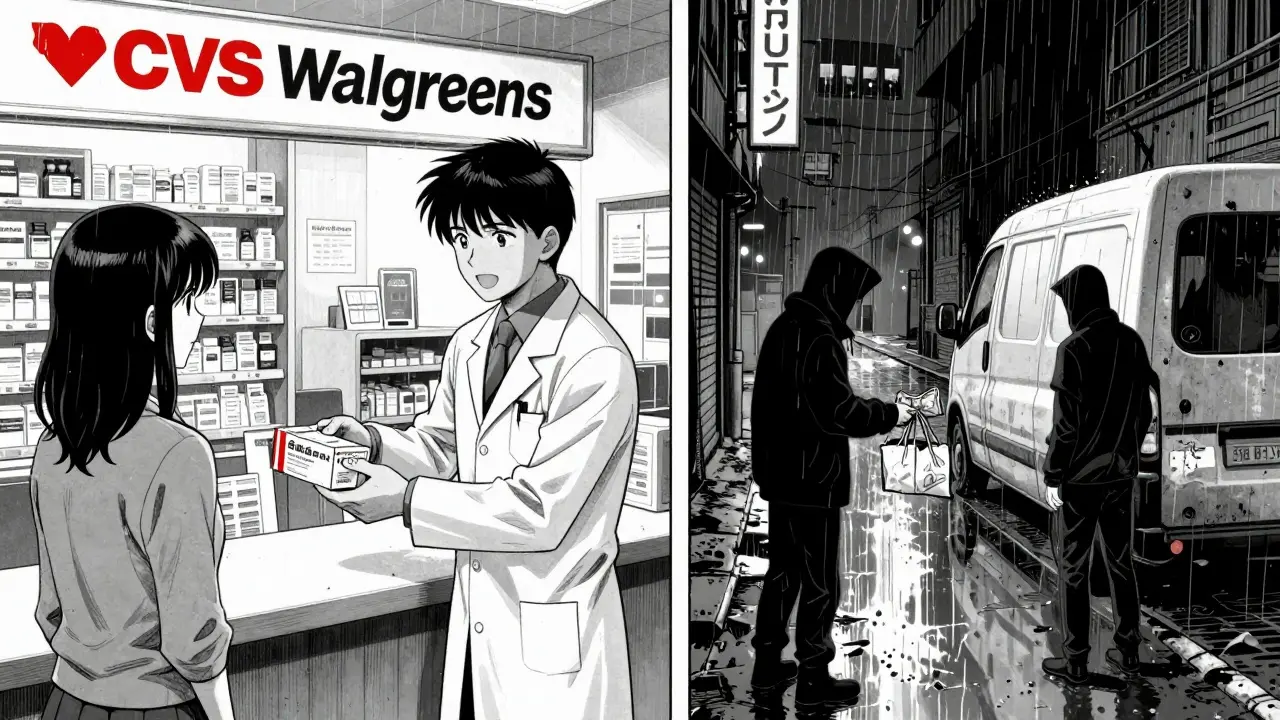 Manga art contrasting safe pharmacy pickup with risky grey market drug exchange in rain.