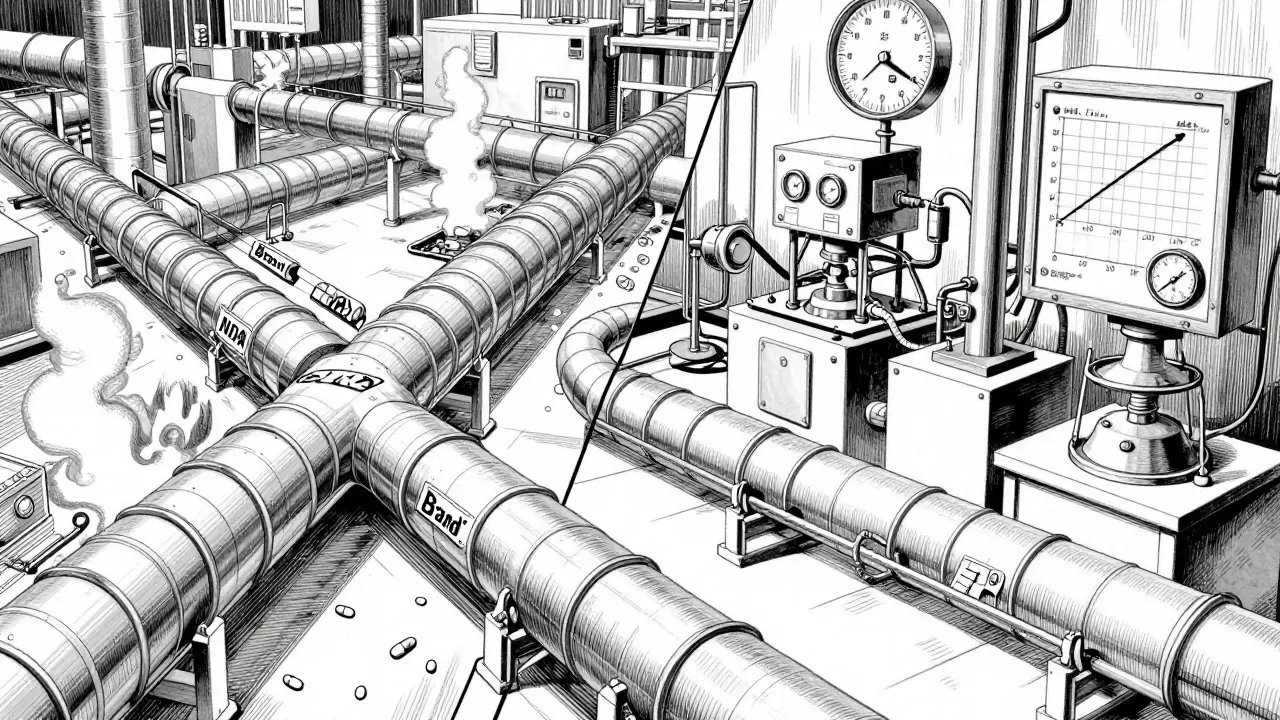Manga illustration comparing pharmaceutical manufacturing processes for different generics.