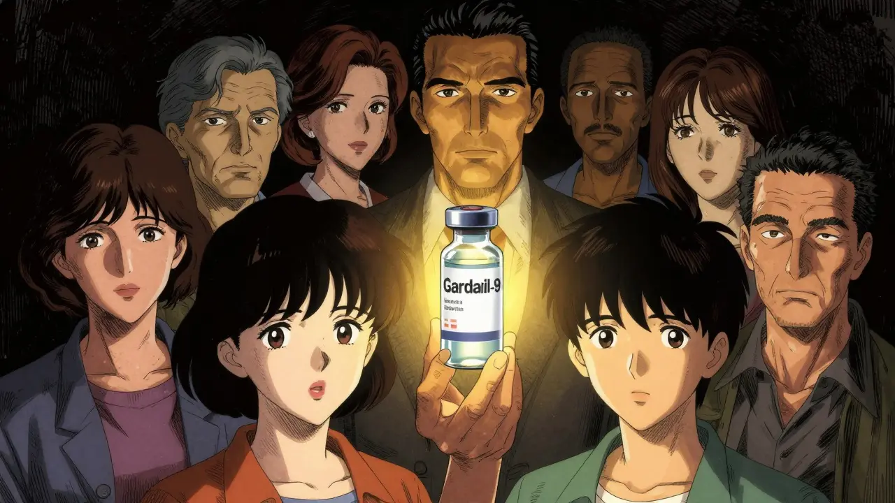 Manga illustration of diverse people united by a glowing vaccine vial, representing protection against HPV cancers.