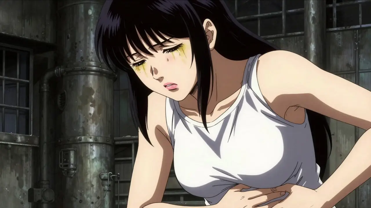 Manga portrait of a woman showing symptoms of fatigue and jaundice