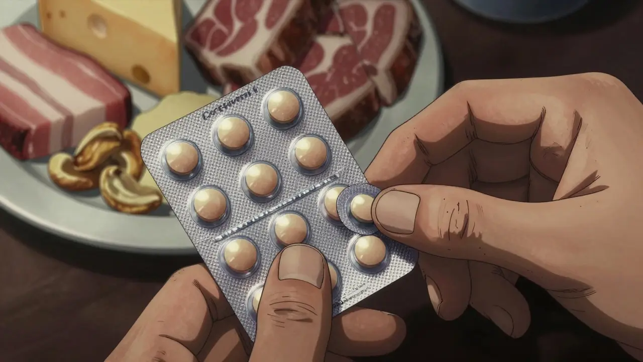 Otomo-style illustration of antifungal pills taken with fatty food for absorption.