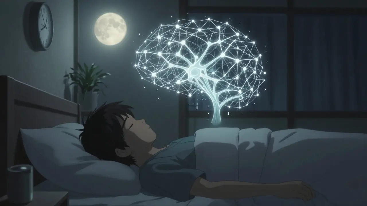 Person sleeping peacefully with a balanced neural network visualization