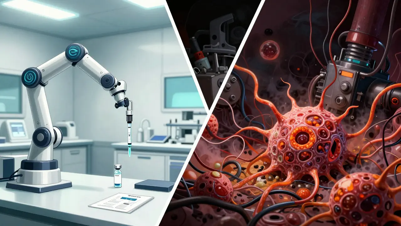 Sci-fi medical art contrasting sterile vaccination labs with chaotic disease imagery in Otomo's distinct style.