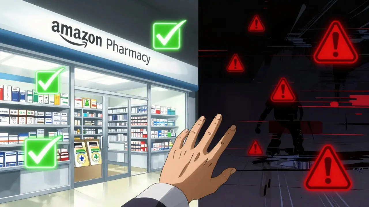 Split view contrasting safe accredited pharmacy vs dangerous rogue site