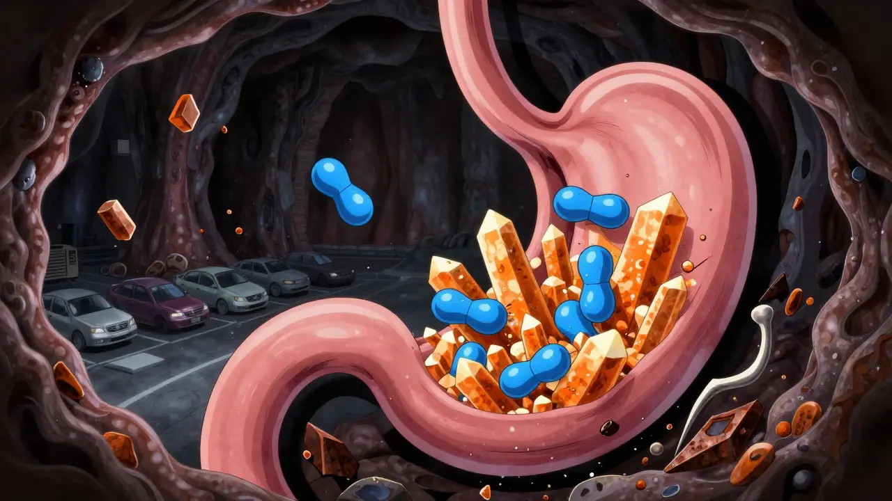 Stomach interior showing minerals blocking medication absorption