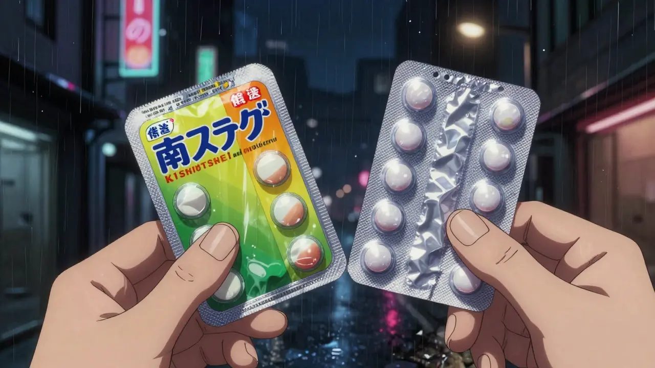 Two hands holding different drug packages with identical pills inside